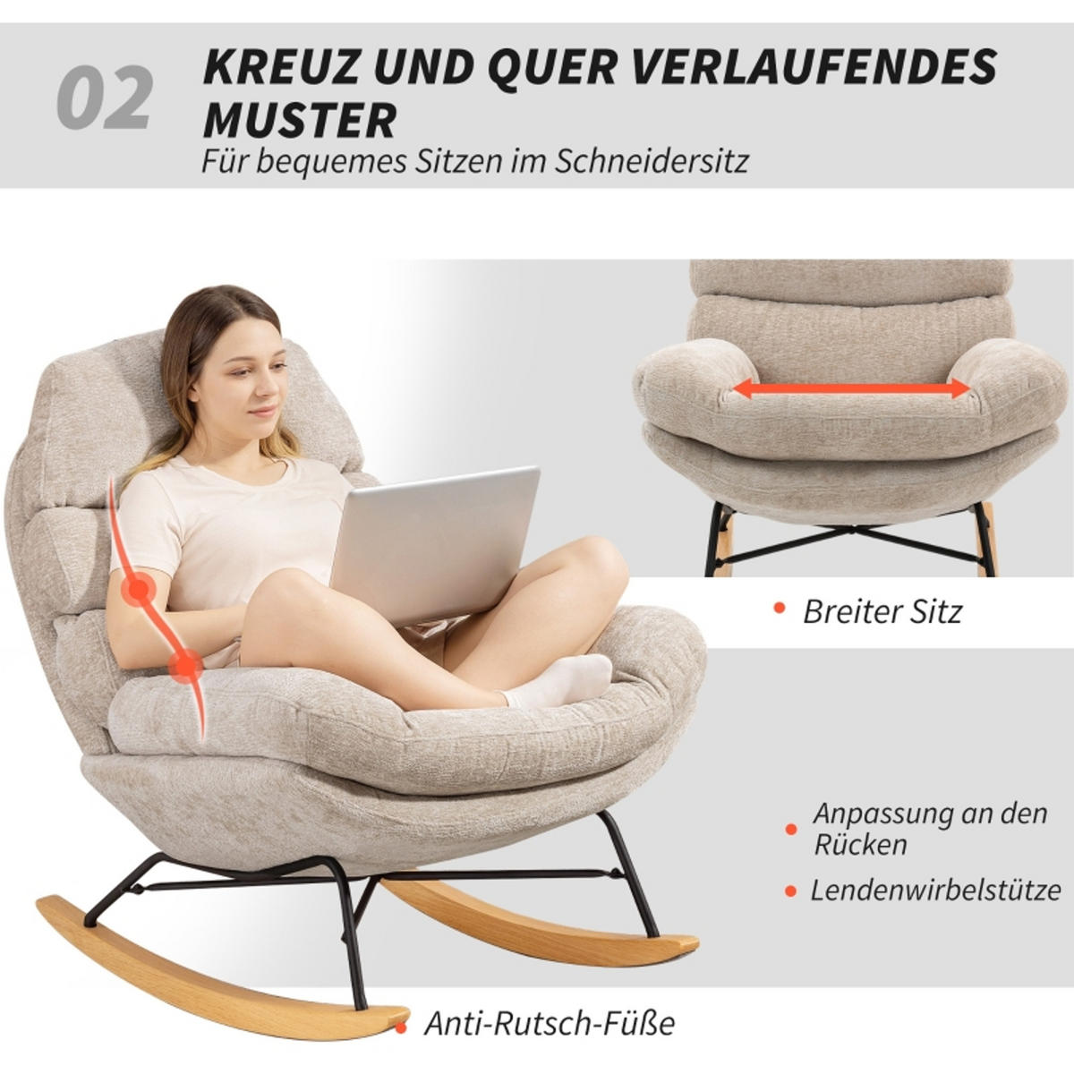 SCHAUKELSTUHL Cremeweiß mit Stahlbeinen und Holzkufen - Creme, Textil (80/91/103cm) - Oxeza