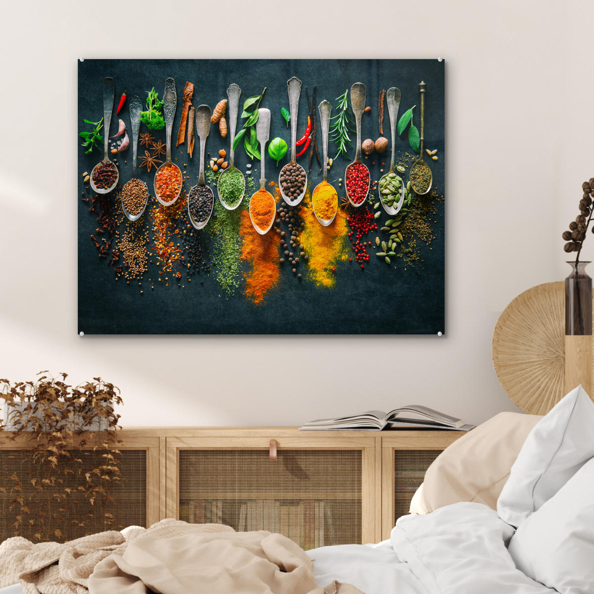 OBRAZ NA AKRYLOVOM SKLE Bylinky - korenie - lyžičky 80x60 cm - kari žltá, sklo (80/60cm) - MuchoWow