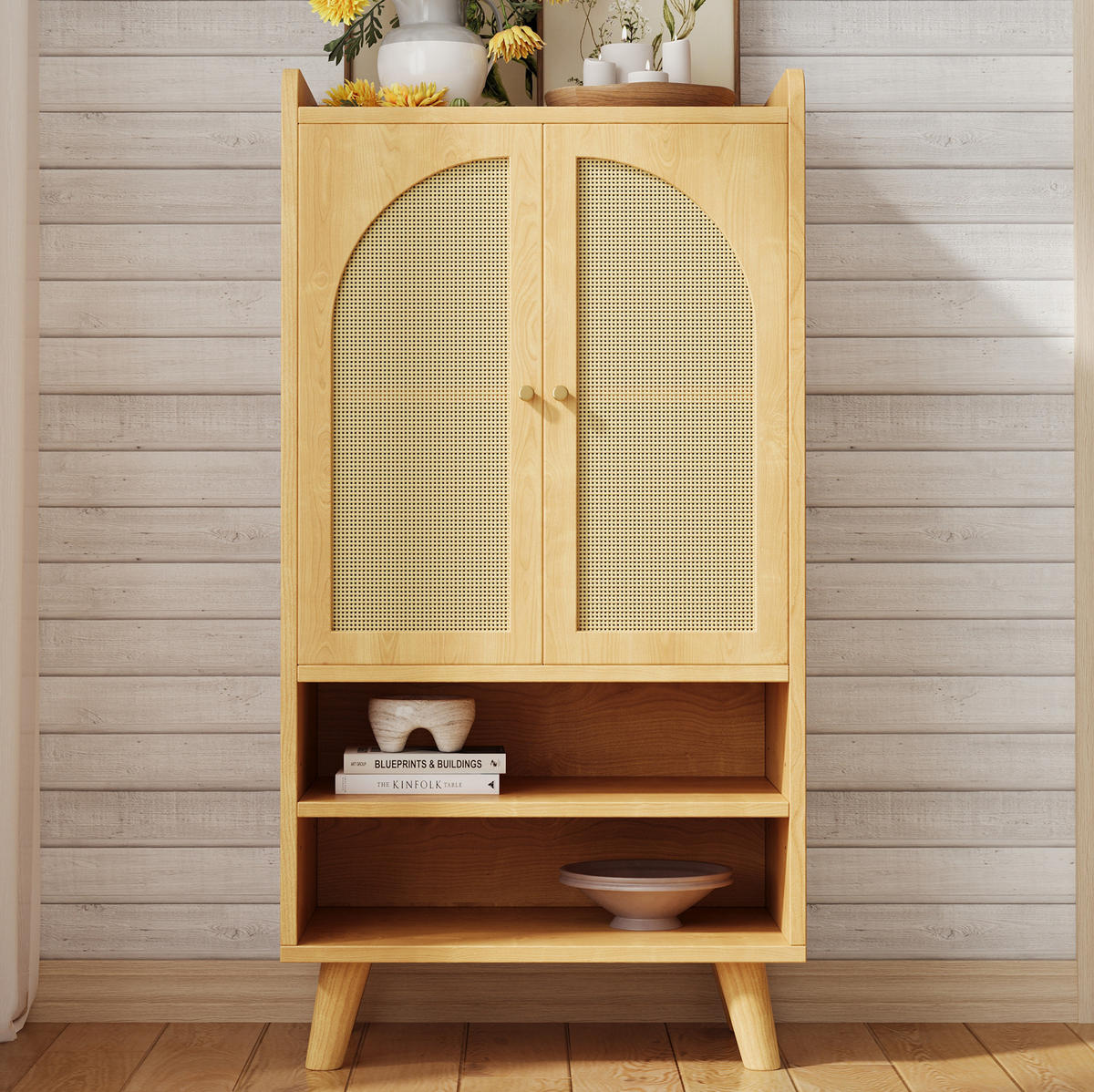 HIGHBOARD 60/121/40 cm aus Spanplatte mit Rattantüren - Naturfarben, Holzwerkstoff (40/121/60cm) - OKMYHOME