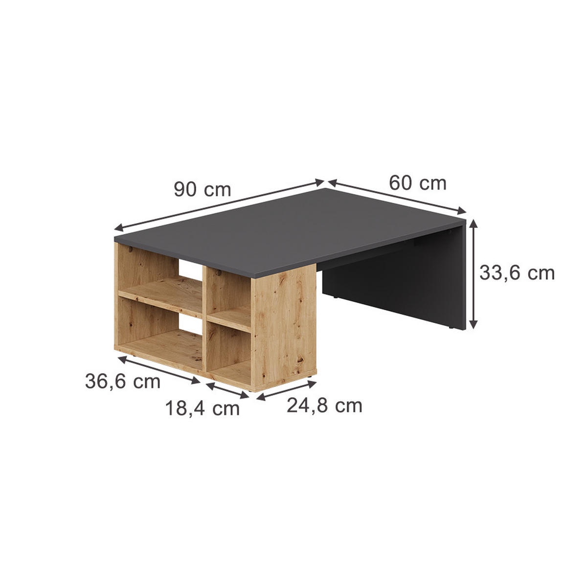COUCHTISCH Danny Anthrazit/Artisan 90 x 60 cm mit Regalen - Anthrazit, Holzwerkstoff (60/90/33.6cm) - Vicco
