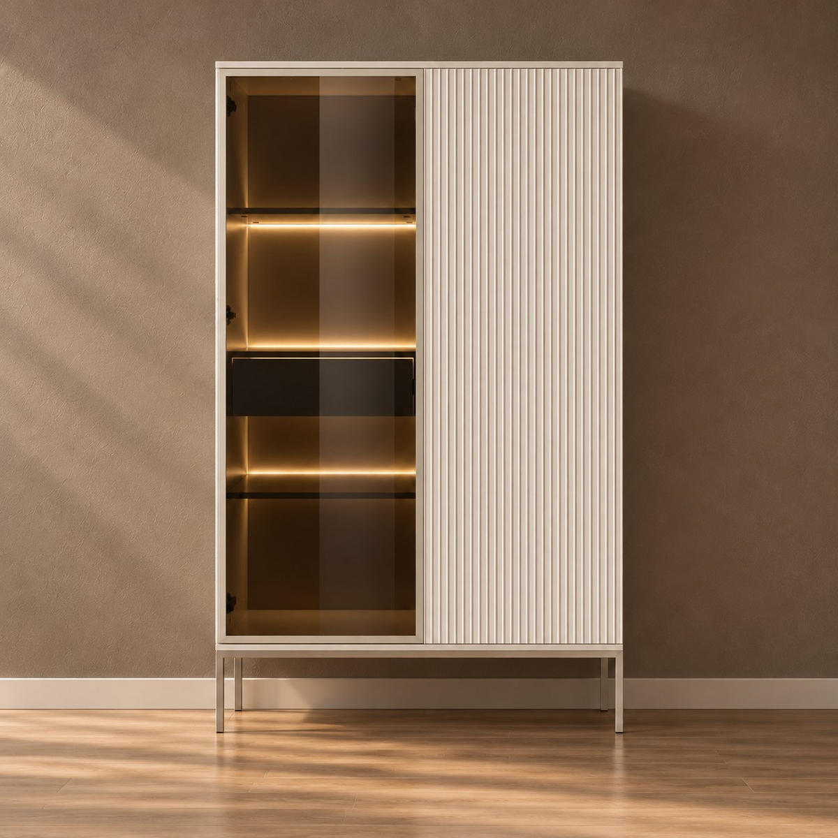 VITRINE Laval WTSZ104 – Kaschmir, mit LED-Beleuchtung - Kaschmir, Glas/Holzwerkstoff (104/166/39cm) - Komodee