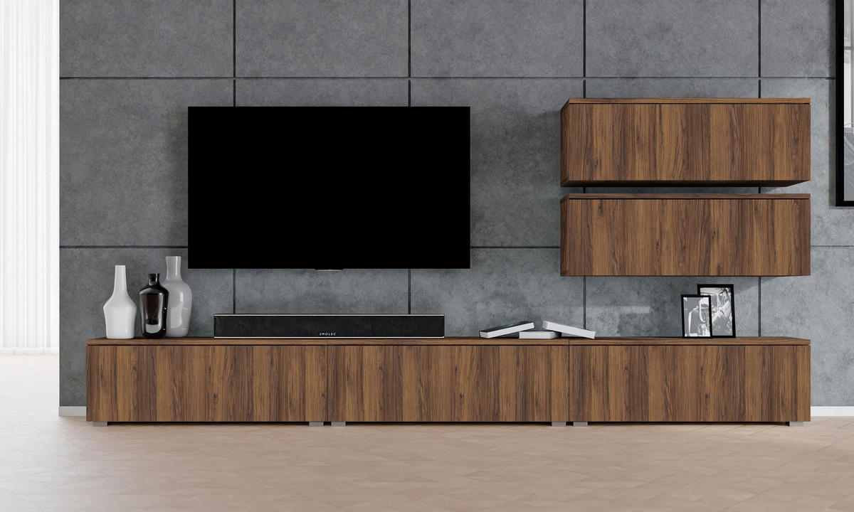 WOHNWAND Loriano V Nussbaum Warmia 300/104,5/32 cm – Hängend und Stehend - Nussbaumfarben, Holzwerkstoff/Kunststoff (300/104.5/32cm) - AX Living