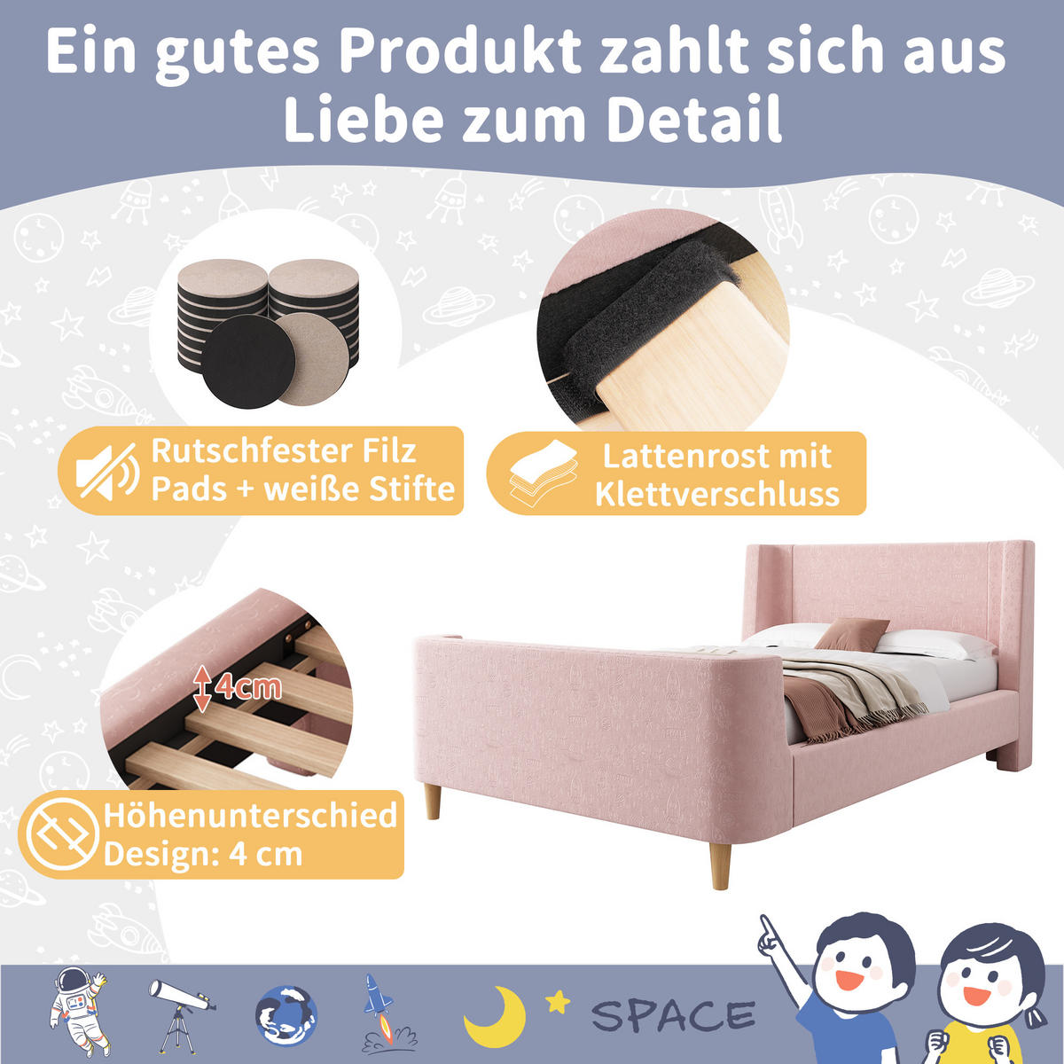 KINDEREINZELBETTEN aus Samt 90x200 cm in Rosa mit Weltraummuster - Rosa, Textil (90/200cm) - Modfu