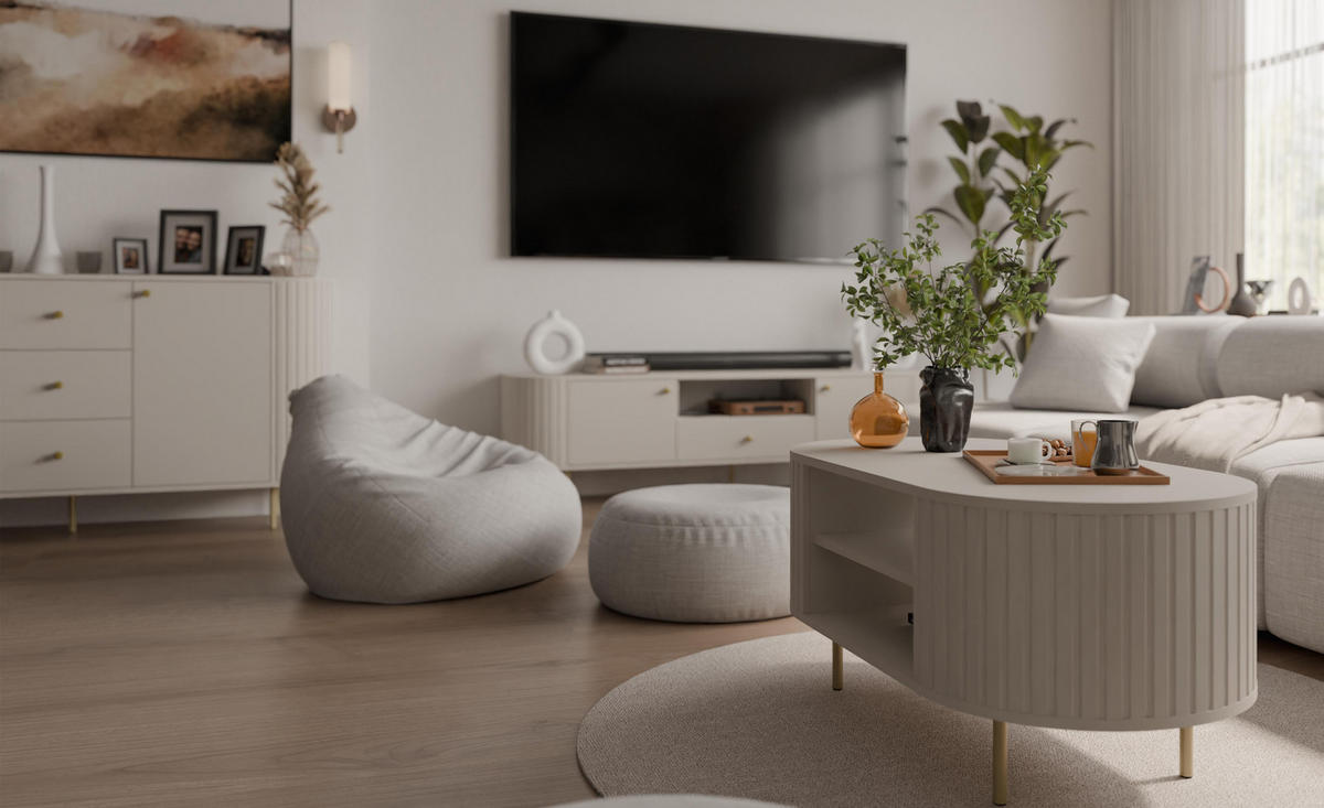 COUCHTISCH Halay Beige, Moderne Rillenstruktur 100 cm, mit runden Kanten - Beige/Goldfarben, Holzwerkstoff/Metall (45/100/52cm) - AX Living