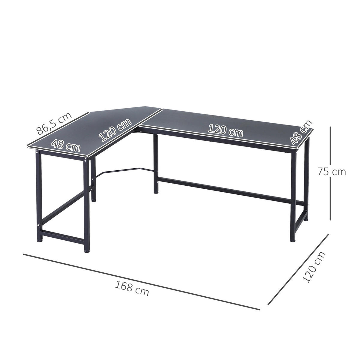 SCHREIBTISCH L-Form, Metall, Schwarz - Schwarz, Metall (168/120/75cm) - Vinsetto