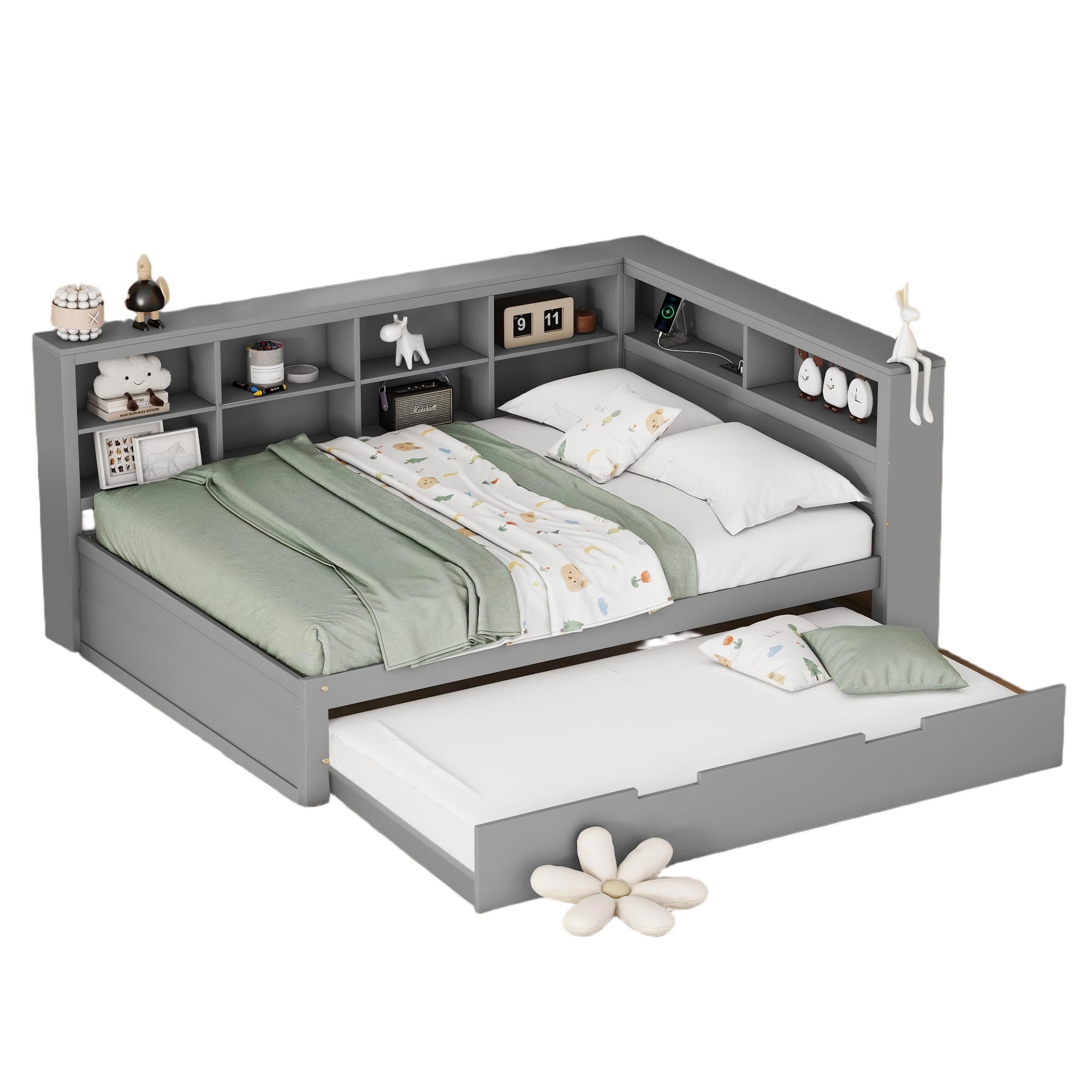 MULTIFUNKTIONSBETT 140/200 cm grau mit Ausziehbettund USB-Steckdose aus Massivholz - Grau, Holz (140/200cm) - OKWISH