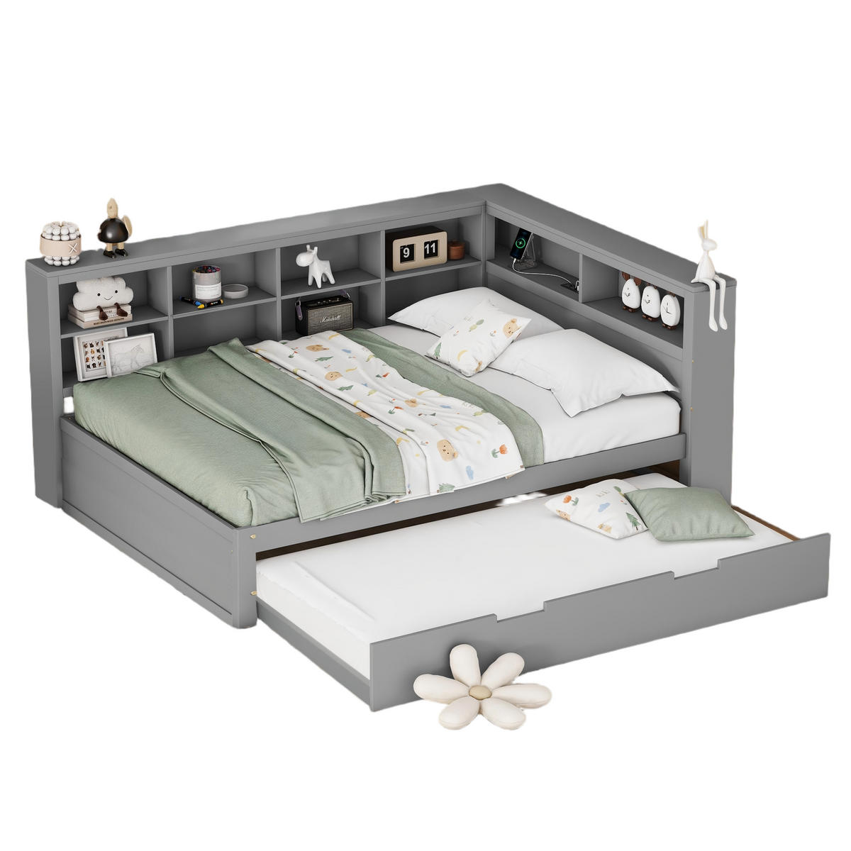 MULTIFUNKTIONSBETT 140/200 cm grau mit Ausziehbettund USB-Steckdose aus Massivholz - Grau, Holz (140/200cm) - OKWISH