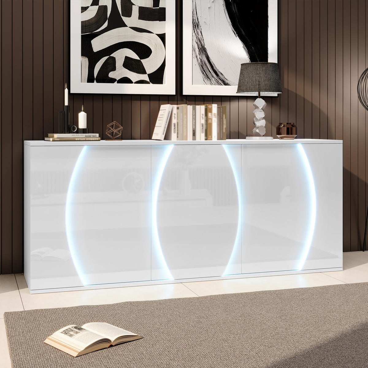 SIDEBOARD LED Weiß 3 Türen 150x40x70cm Hochglanz Stauraum - Weiß, Holzwerkstoff (40/70/150cm) - FLIEKS