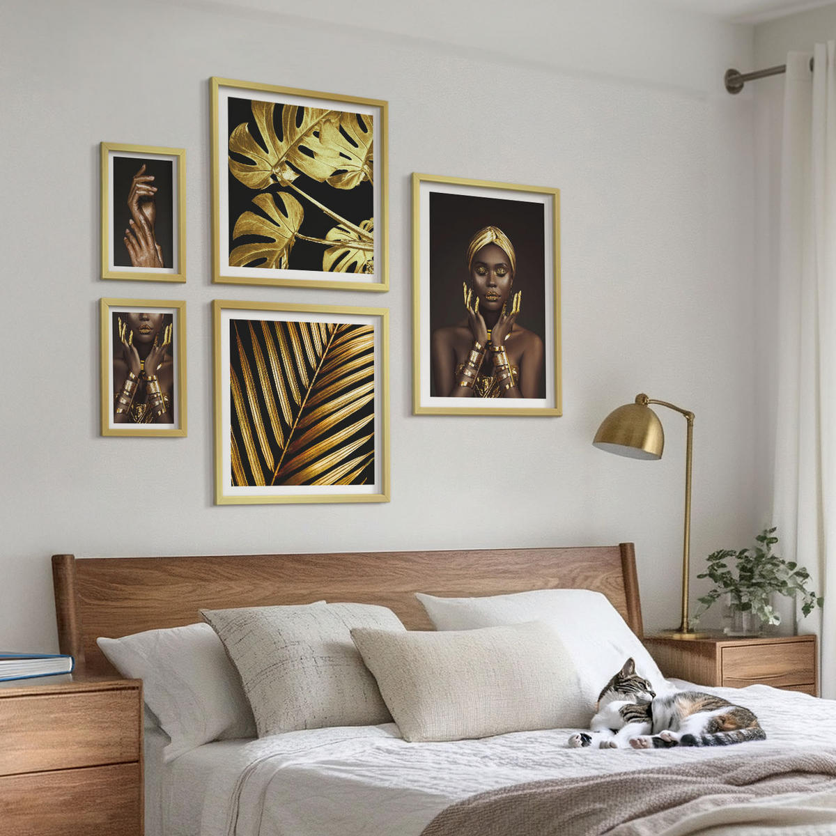 WANDBILDER 5er Set - 50x50 cm & 20x30 cm & 40x60 cm Goldrahmen - Künstlerische Porträts von Frauen - Goldfarben, Kunststoff (40/60cm) - ArtPrintCave