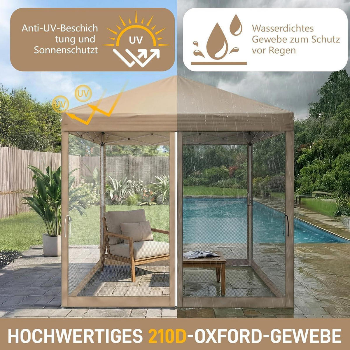 FALTPAVILLON 2x2 m mit Moskitonetzen Khaki - Olivgrün, Textil (200/245/200cm)
