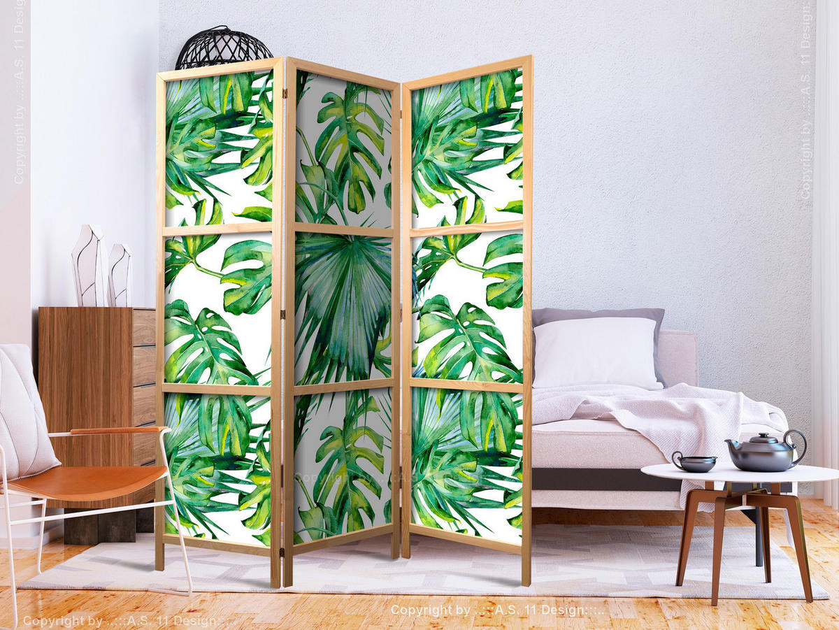 PARAVENT Japanischer 3-tlg 135x172 cm Tropische Bl tter - Grün, Holz/Textil (135/172/3cm) - Muralo