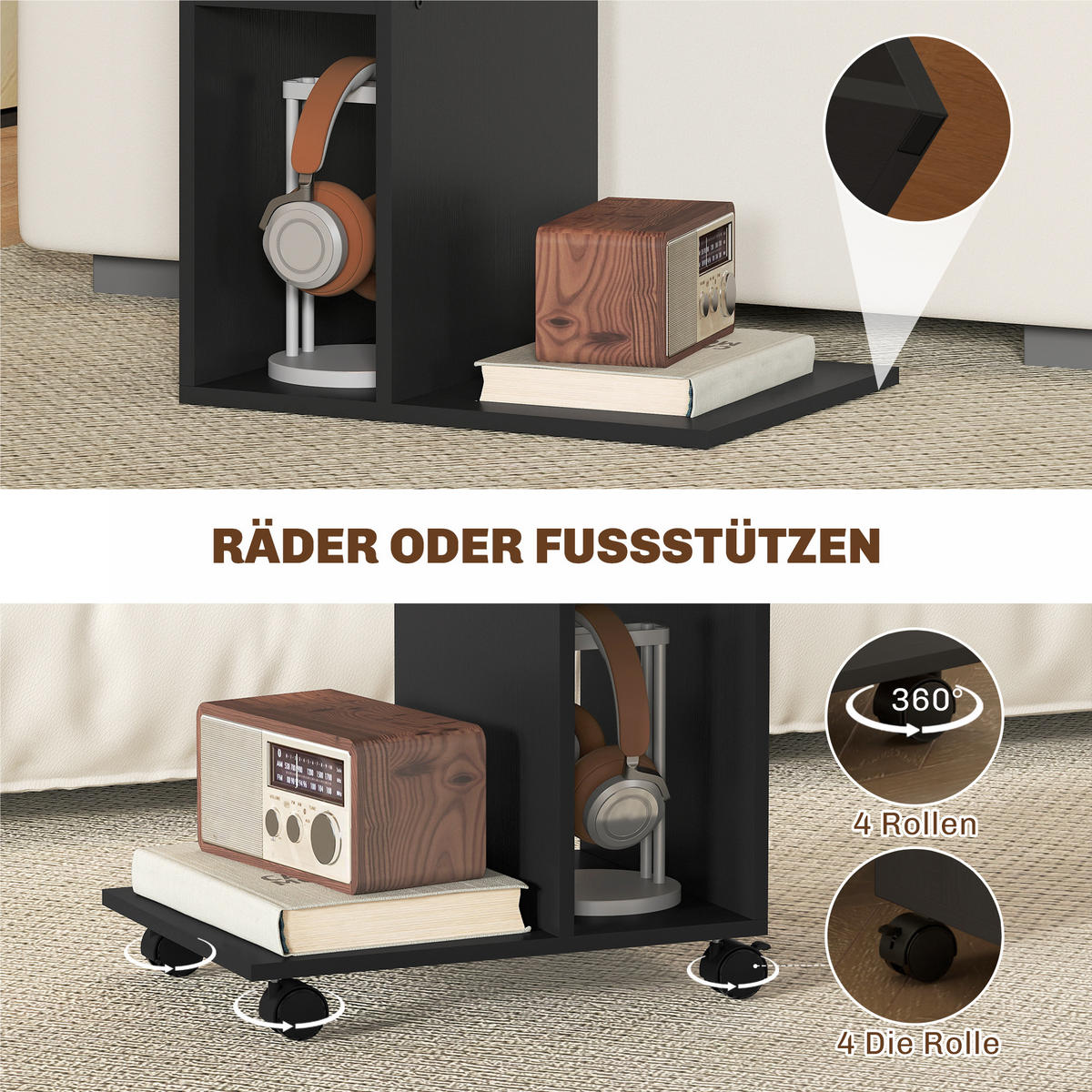BEISTELLTISCH mit Rollen mit 4 Regalen, Sofatisch Schwarz - Schwarz, Holzwerkstoff (40/30/69cm) - HOMCOM