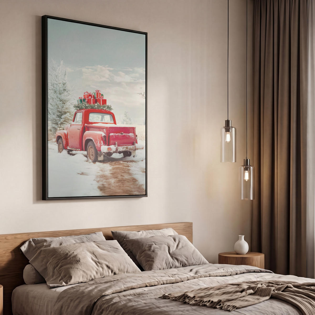 LEINWAND Bilder mit Rahmen - Auto - Rot - Geschenke - Winter - Schnee - Weihnachten - 60x90 - Rot, Textil (60/90cm) - MuchoWow