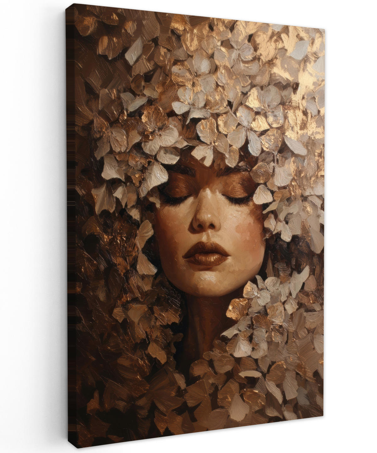 LEINWANDBILD Gesicht - Dame - Blätter - Pinselstriche Wanddeko Schlafzimmer 60x90 cm - Goldfarben, Textil (60/90cm) - MuchoWow