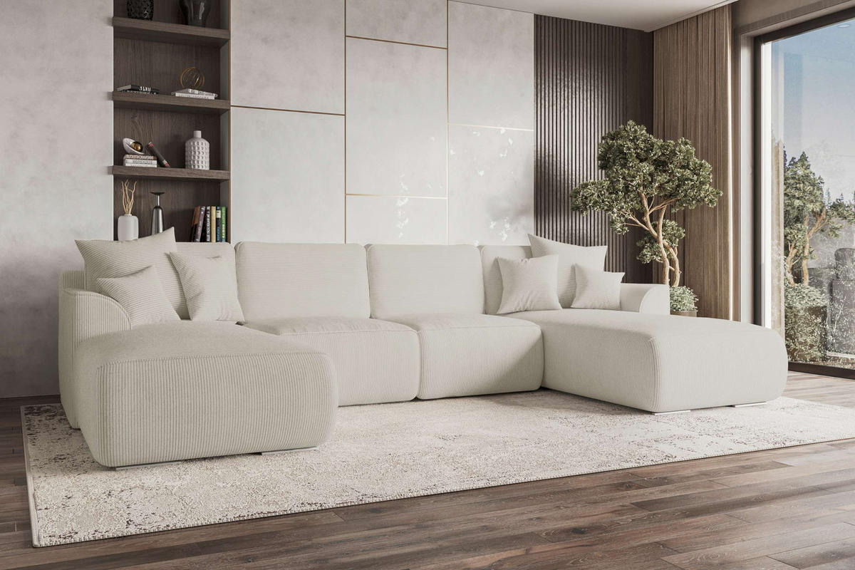 WOHNLANDSCHAFT GUSTO Cordstoff Greige inkl. Schlaffunktion - Chromfarben/Greige, Kunststoff/Textil (306/96/194cm) - 99rooms