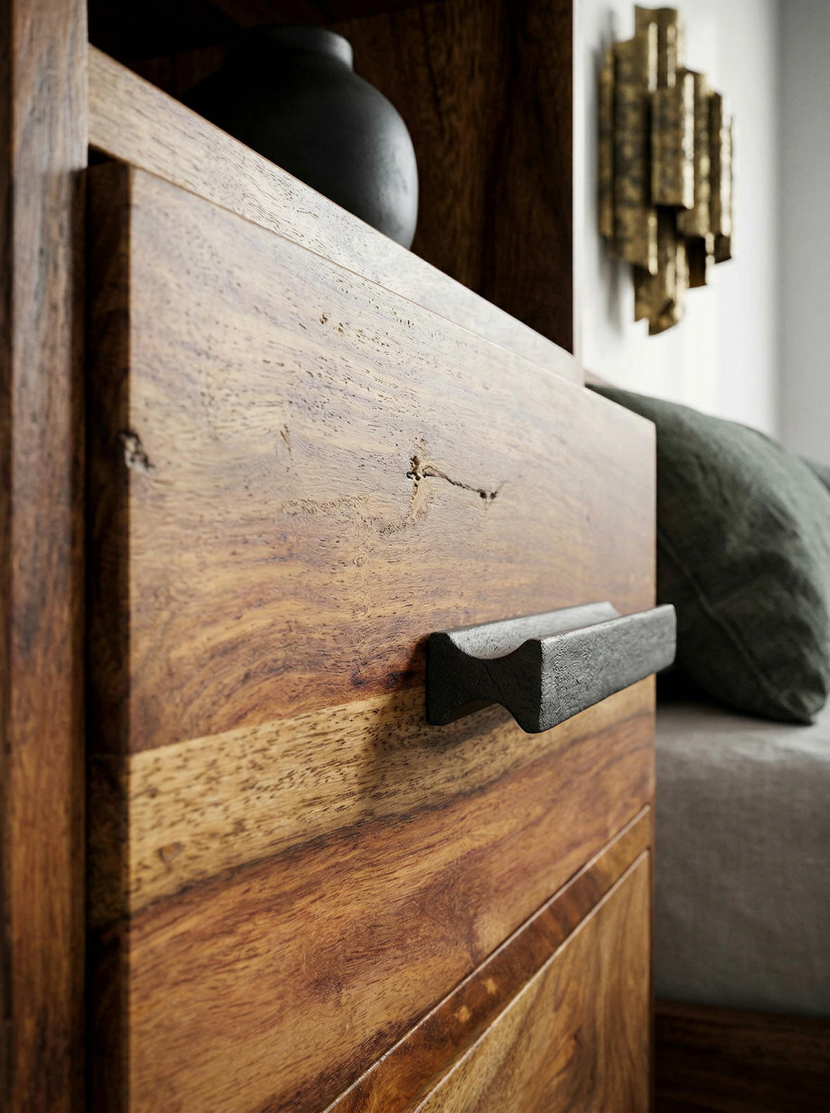 NACHTTISCH – Massivholz/Metall, Industrial-Stil, für Boxspringbett - Schwarz/Braun, Holz/Metall (40/66/35cm) - KADIMA DESIGN