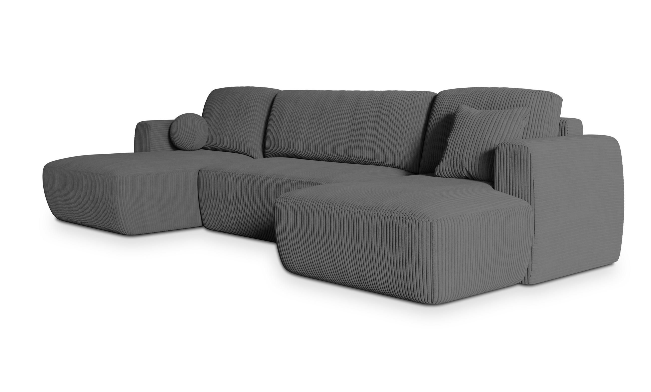 WOHNLANDSCHAFT SENTUM P Grau Kordstoff mit Schlaffunktion - Grau, Holz (330/90/148cm) - MASSENO
