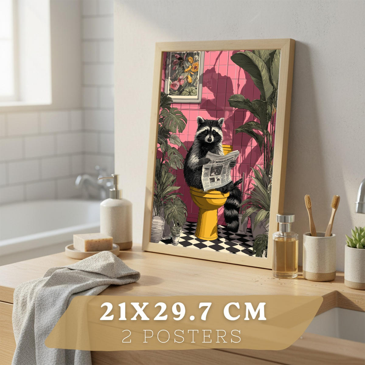 PLAKÁT Sada 2 dekorativní obrazy lišky a mývala Světlý dřevěný rám A4 - béžová, papír (29.7/21/3cm) - Nacnic