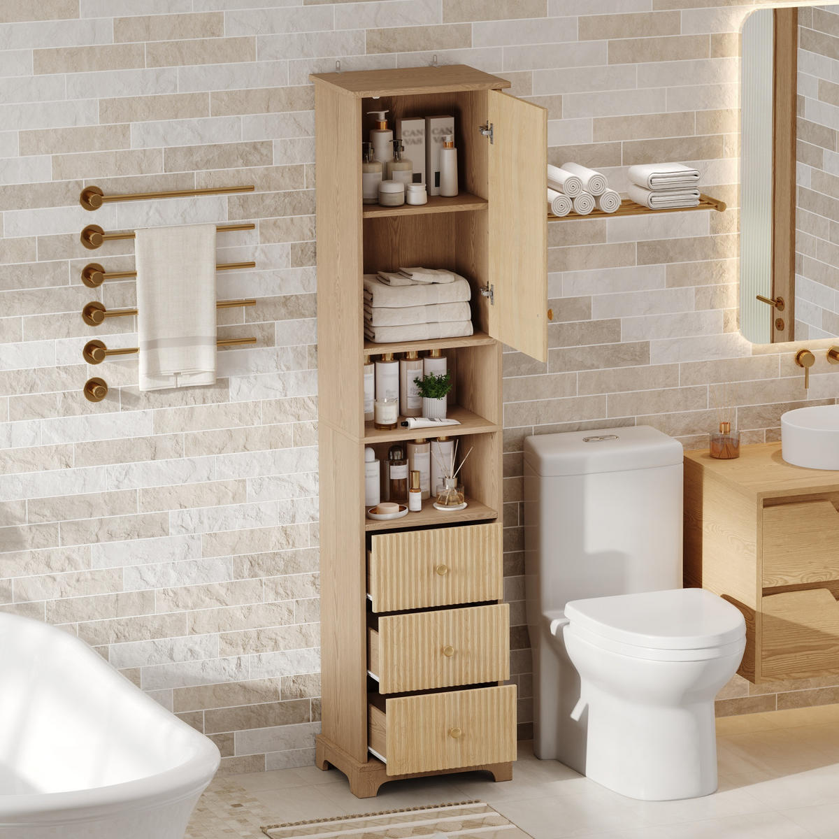 HOCHSCHRANK 40/30/172 cm Natürlich mit 2 Schubladen und 3 Schublade - Goldfarben/Naturfarben, Holz/Holzwerkstoff (30/172/40cm) - Oxeza
