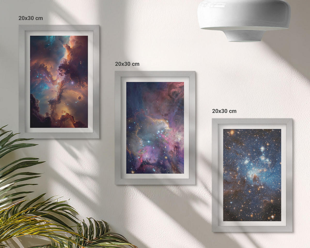 WANDBILDER 3er Set - 20x30 cm Silberner Rahmen - Kosmische Sternenlandschaften - Silberfarben, Kunststoff (20/30cm) - ArtPrintCave