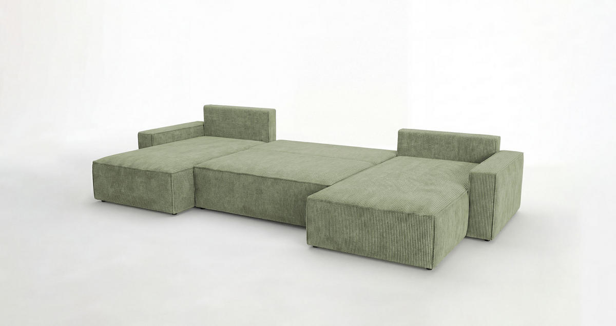 SEDACÍ souprava VIENNA tvar U světle zelená manšestr Poso 47 - funkce spaní, úložný prostor - světle zelená, textil (385/86/185cm) - Cornero