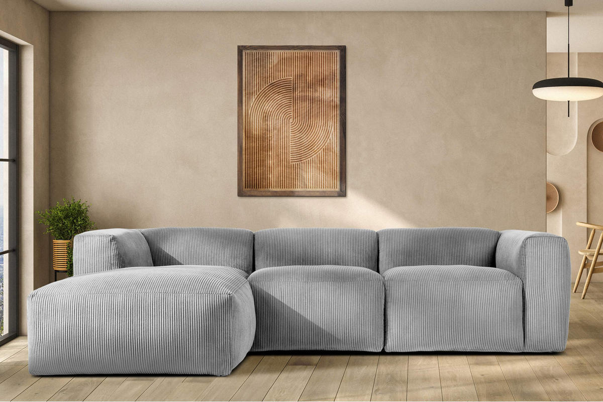 ECKMODULSOFA-LINKS BUFFO mit extrem weicher und bequemer Sitzfläche, Kordstoff, hellgrau - Hellgrau, Textil (297/180cm) - KONSIMO®