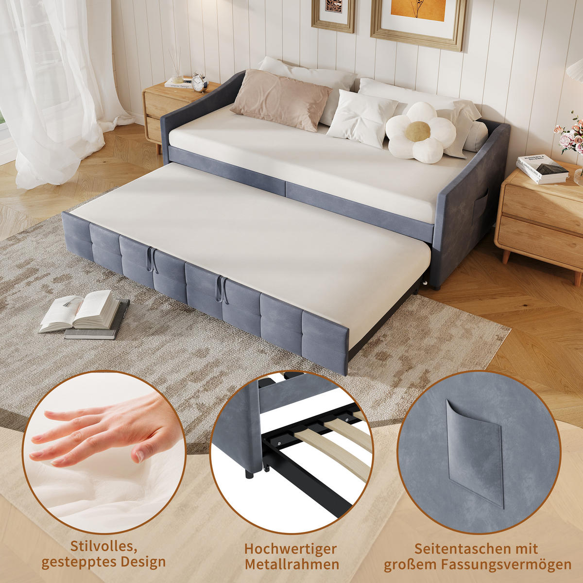 POLSTERBETT 90/200 cm Grau mit Ausziehbett - Grau, Metall (90/200cm) - EuroLiving