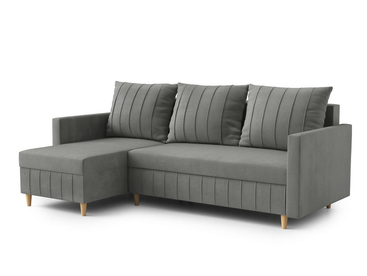 ECKSOFA FOX L-förmig Modernes Verstellbare Kopfstützen Luxuriöser Velours Schlaffunktion lose Rückenkissen freistehend LINKS 146x224x98 cm Dark grey - Dunkelgrau, Holz/Textil (146/224cm) - DomoHome