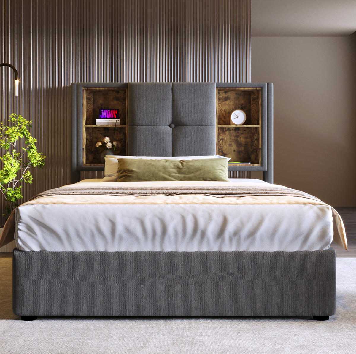 POLSTERBETT 90/200 cm Grau aus Baumwolle mit Stauraum - Grau, Textil (90/200cm) - OKMYHOME
