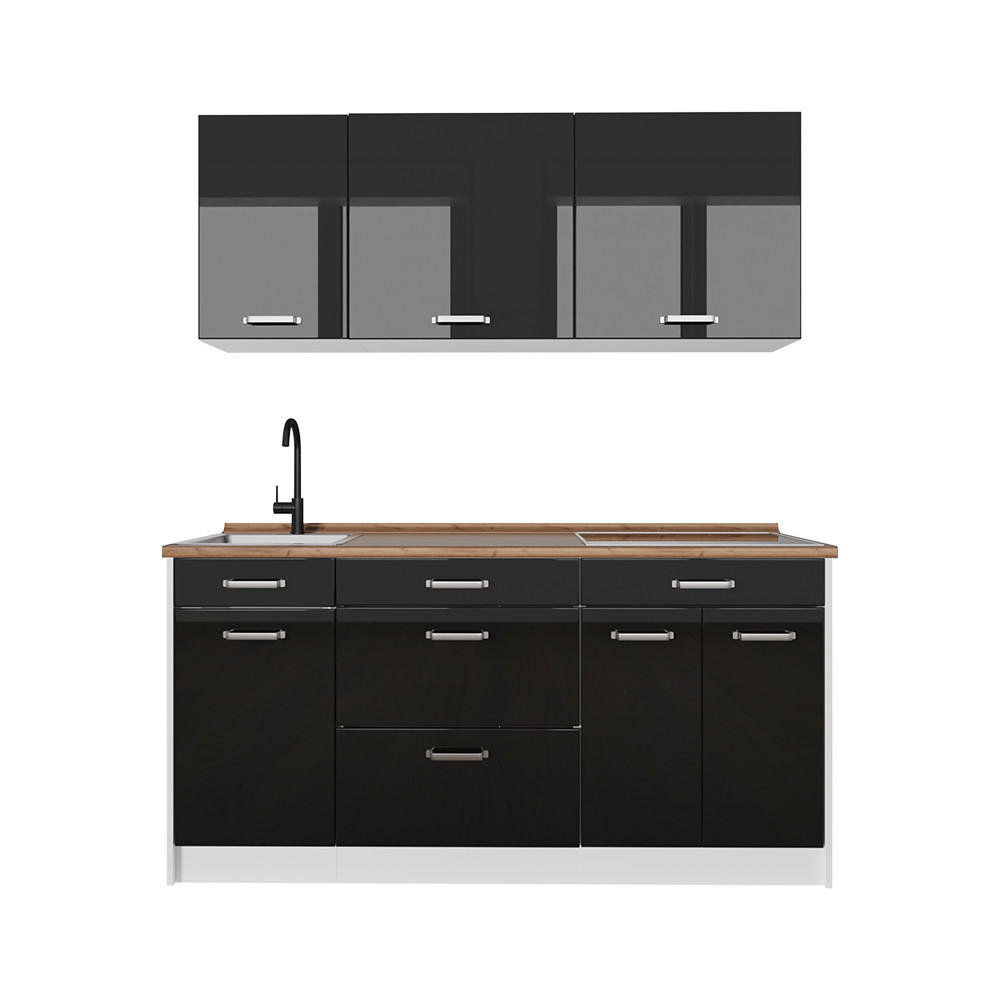 SINGLEKÜCHE R-Line, Schwarz Hochglanz/Weiß, 160 cm Arbeitsplatte Goldkraft Eiche - Schwarz Hochglanz/Weiß, Holzwerkstoff (160/81.6/60cm) - Vicco