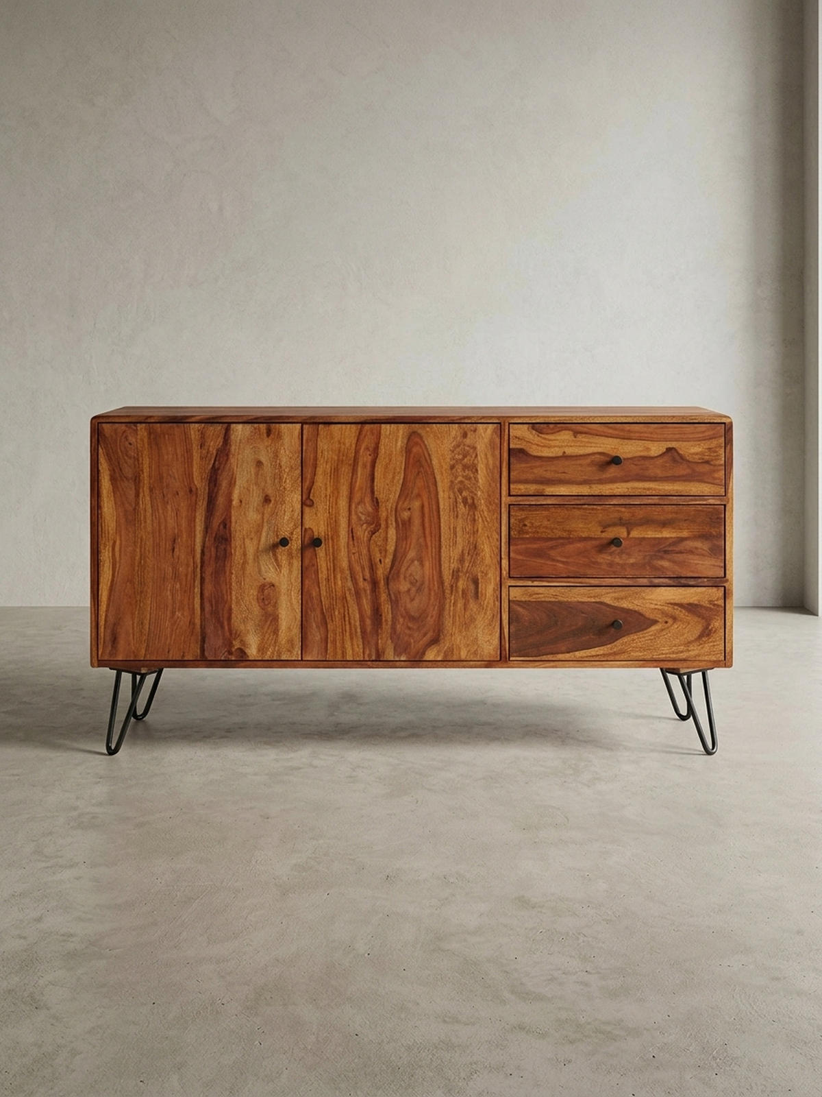 SIDEBOARD – Massivholz, 145x75x40 cm, 3 Schubladen, 2 Türen, Landhausstil, Haarnadelbeine - Schwarz/Braun, Holz/Metall (145/75/40cm) - KADIMA DESIGN