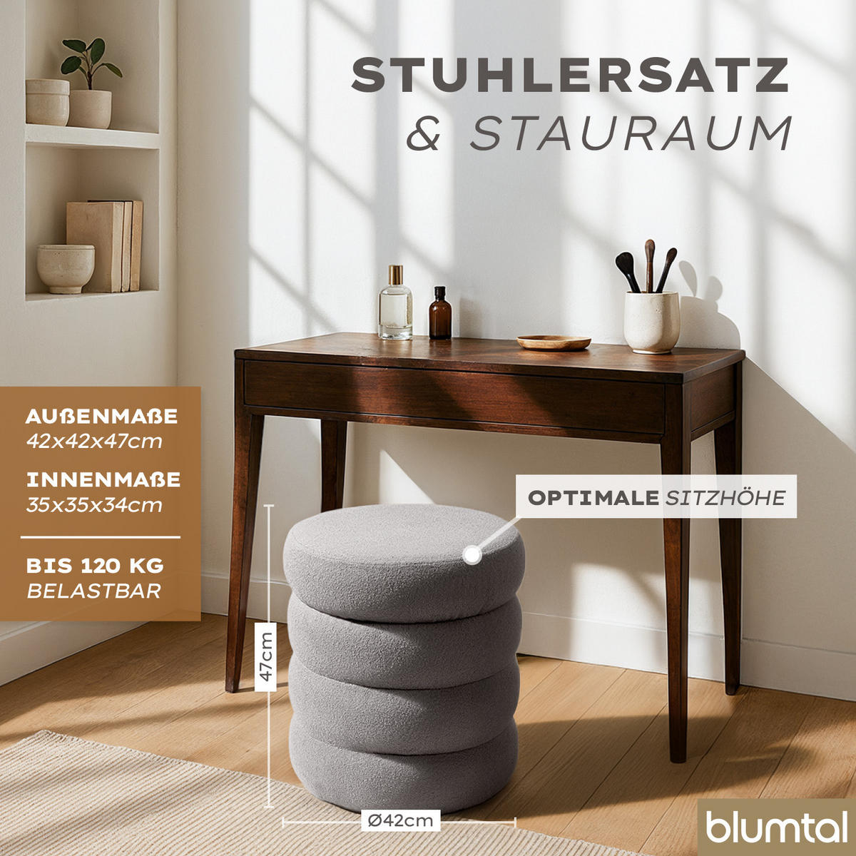SITZHOCKER mit Stauraum Rund – Weicher Bouclé Pouf Grau - Grau, Textil (42/47/42cm) - Blumtal