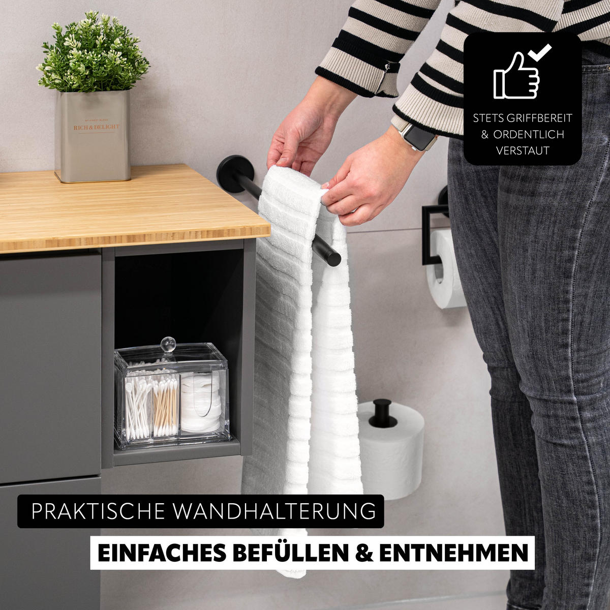 TELESKOPHANDTUCHSTANGE PIAZZA BLACK mit Kleber, Edelstahl, schwarz - Schwarz, Metall (50/6/50cm) - bremermann