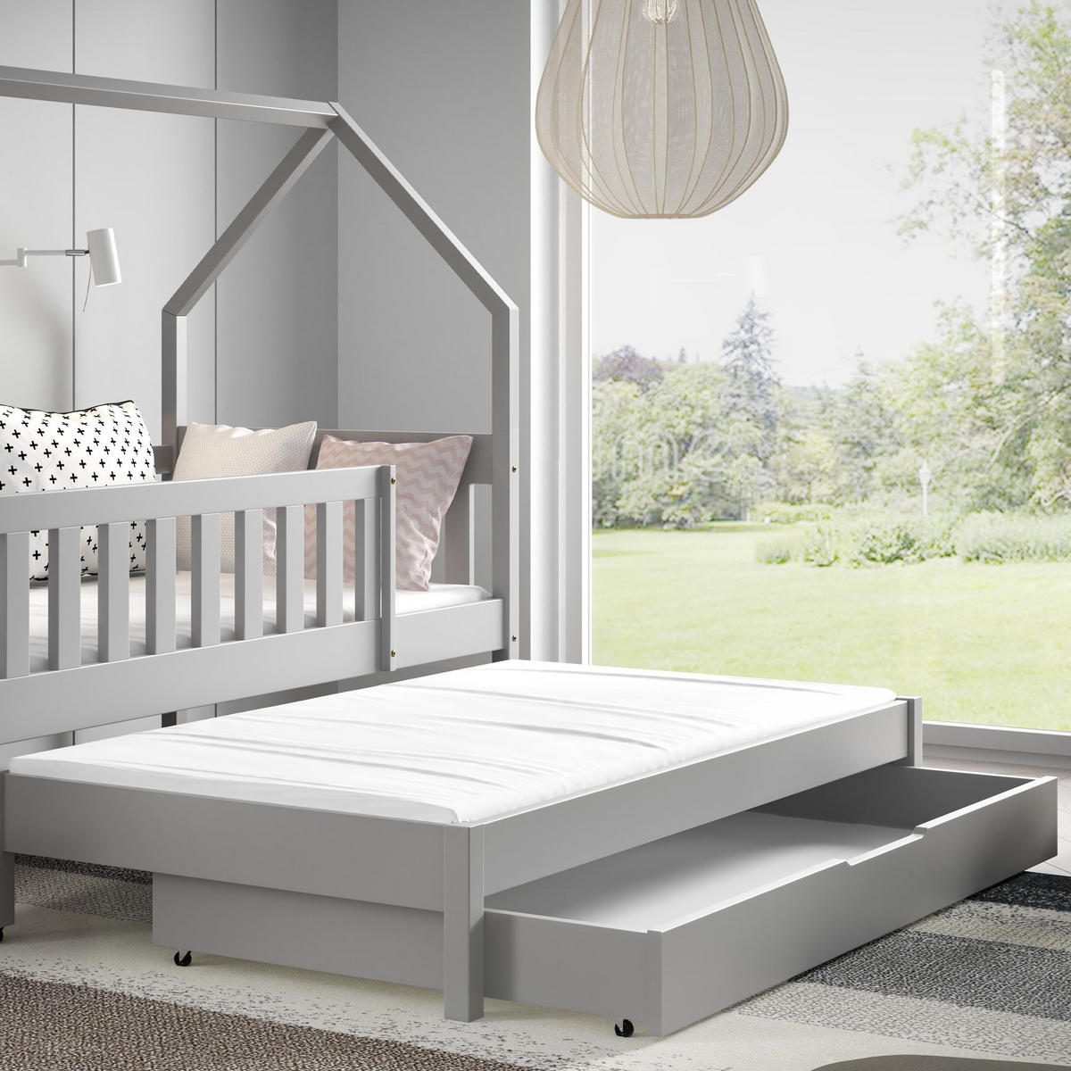 KINDERBETT Holzbett LUMBE, Hausform - Grau, Holz (80/160cm) - KONSIMO®