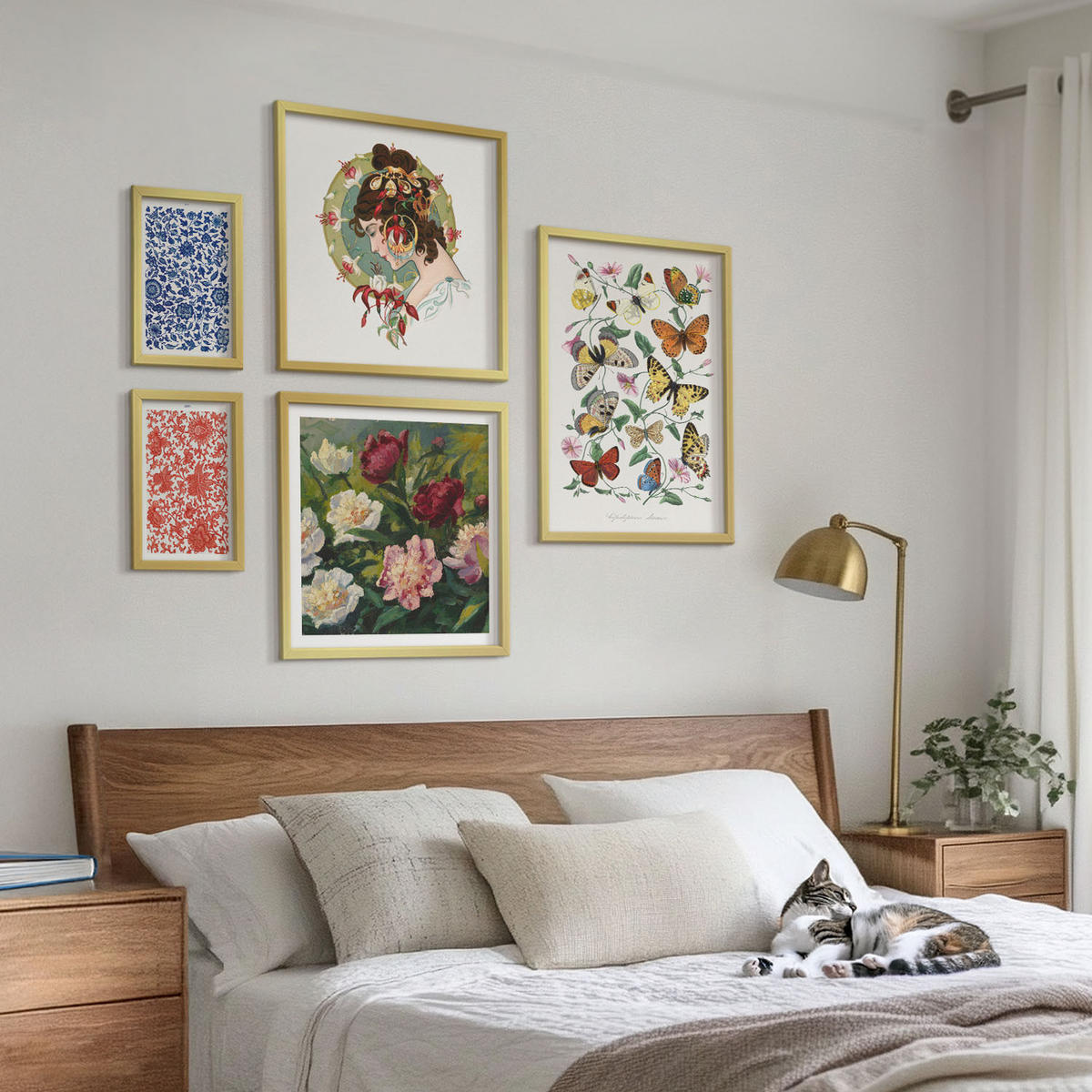 BILDER SET 5er Set - 50x50 cm & 20x30 cm & 40x60 cm Goldrahmen - Vintage-Blumen-Schmetterlings-Ornamente - Goldfarben, Kunststoff (40/60cm) - TULUP