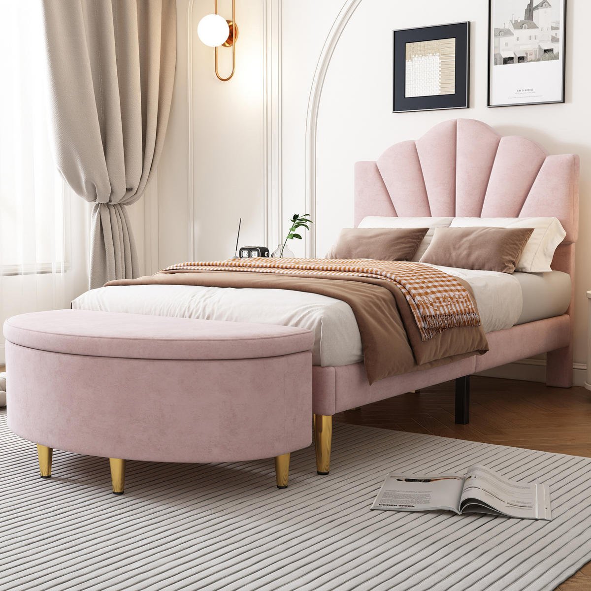 POLSTERBETT 90/200 cm aus Samt mit verstellbarem Kopfteil, Muschel-Design und Bank mit Stauraum, Rosa - Rosa, Textil (90/200cm) - Redom