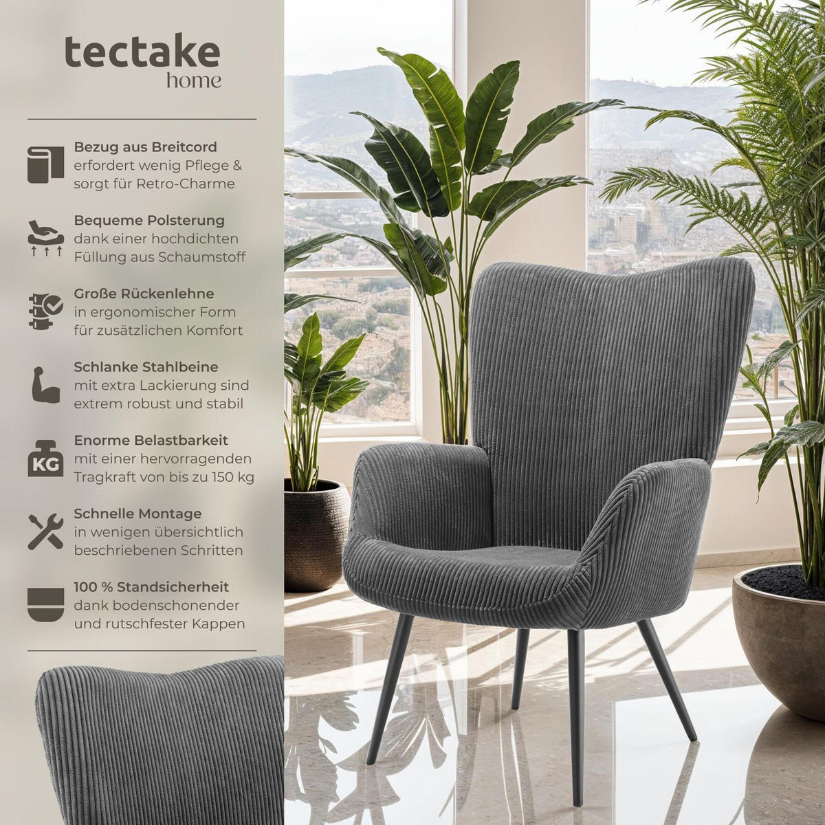SESSEL Hygge,72 x 76 x 100,5 cm,Breitcord anthrazit/schwarz - Anthrazit/Schwarz, Kunststoff (72/100.5/76cm) - tectake