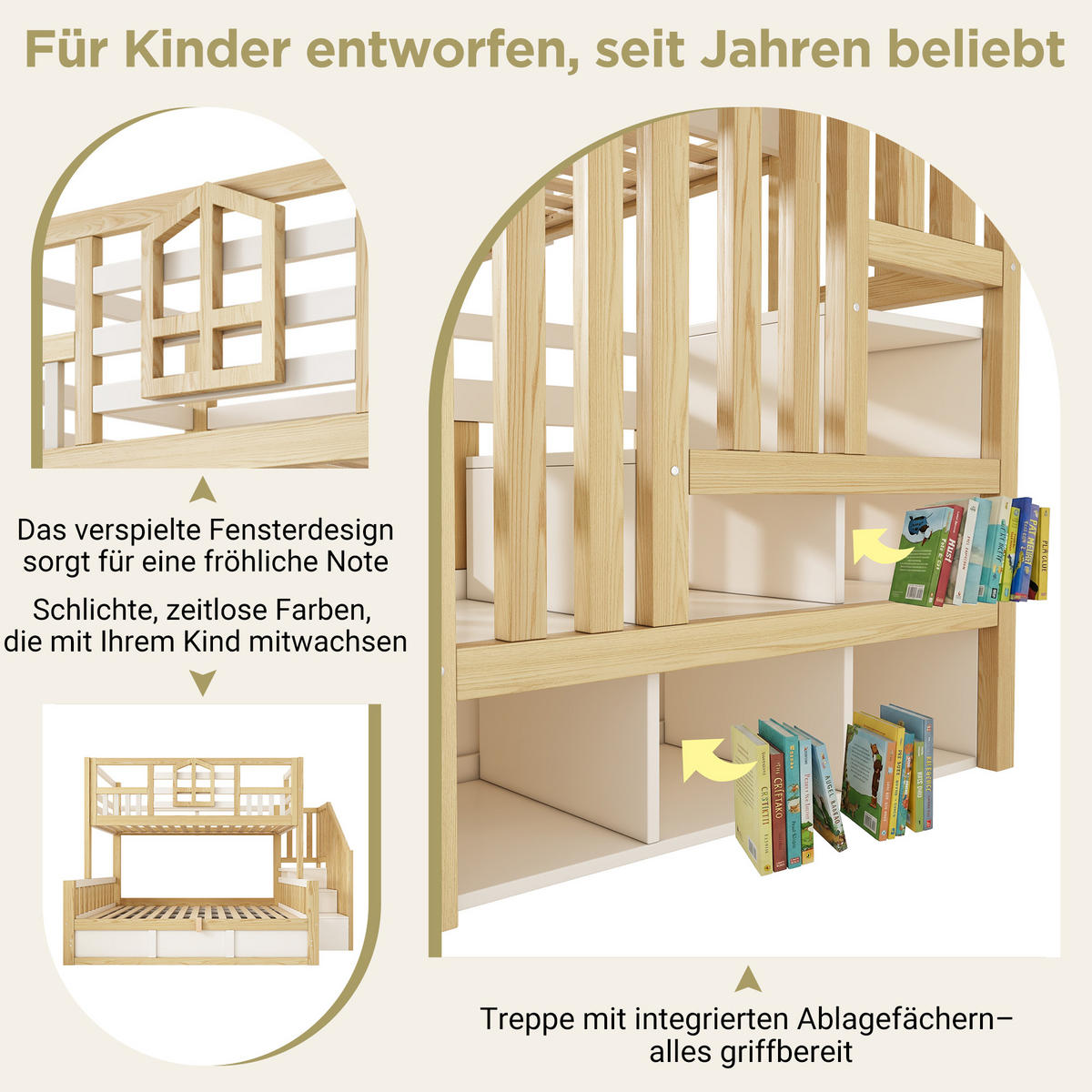 ETAGENBETT 90/200 cm & 140/200 cm in Weiß & Eichefarben mit Bettkasten, Treppe mit Ablagefächern und Fenstern - Weiß/Naturfarben, Holzwerkstoff (140/200cm) - STILVORA