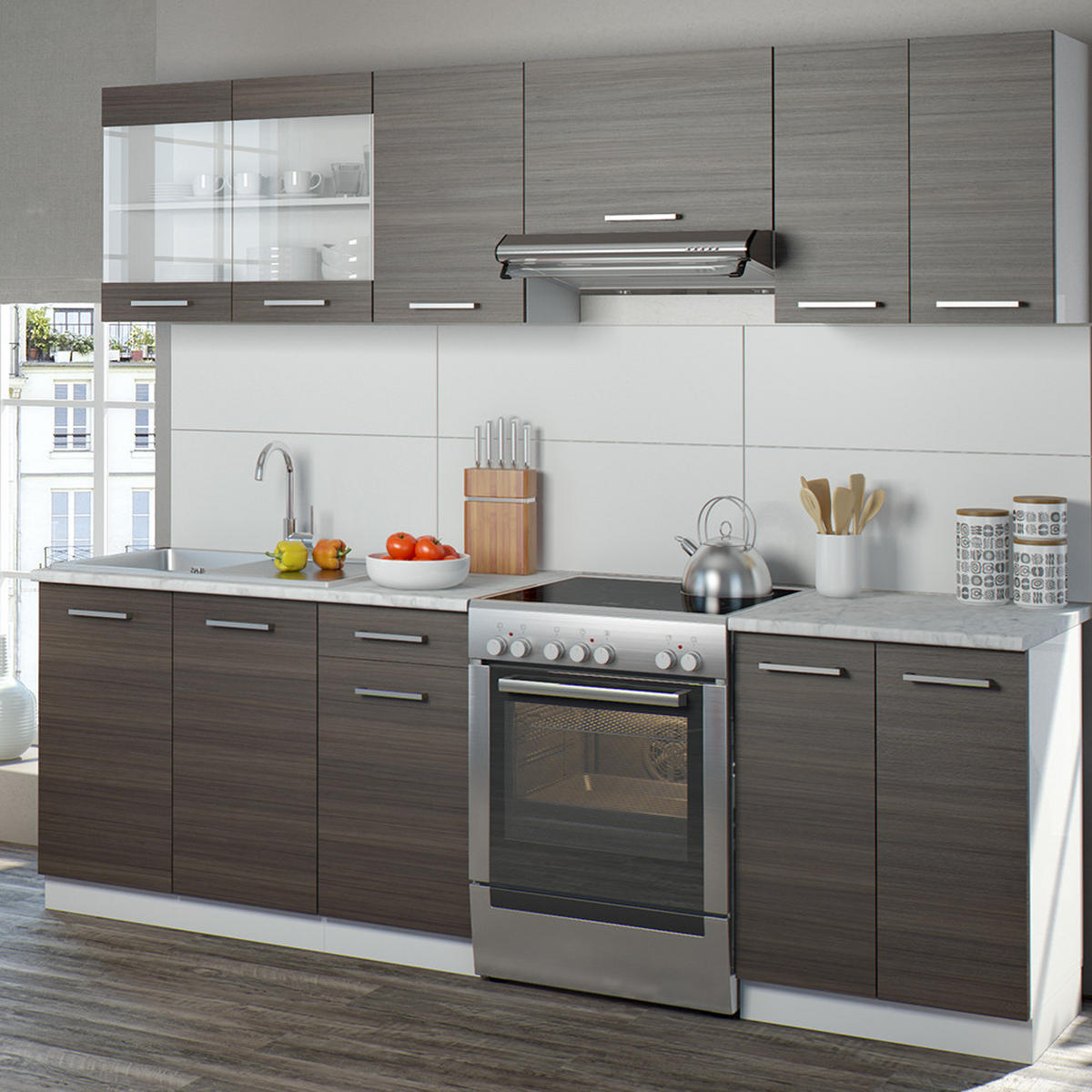 KÜCHENZEILE Raul Edelgrau 240 cm, AP Marmor - Braun/Weiß, Holzwerkstoff (240/81.6/60cm) - Vicco