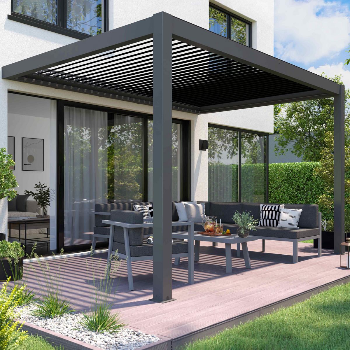 PERGOLA 3x4m, beleuchtet, motorisiert mit 2 Markisen, Grau - Grau, Metall (275/257/397cm) - Oviala