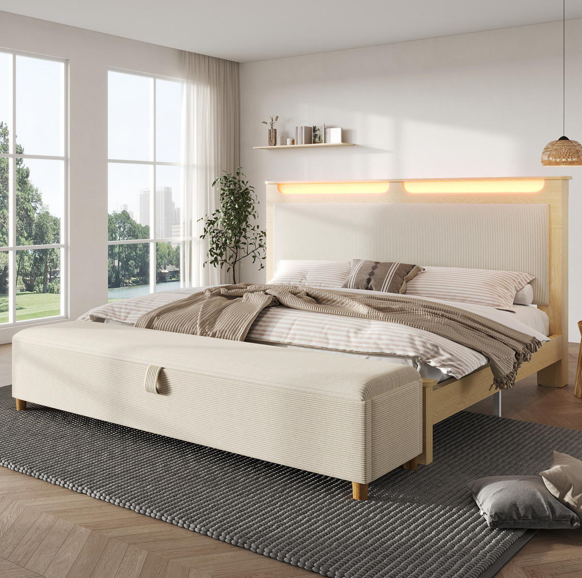DOPPELBETT 140/200 cm beige aus Holz und Cord mit LED-Bettbank - Beige, Textil (140/200cm) - OKWISH