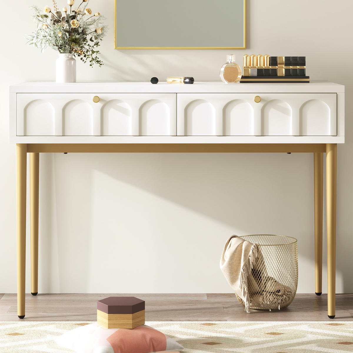 SCHMINKTISCH Cremeweiß und Golden 100/76,5/45 cm - Beige, Holzwerkstoff/Metall (100/76.5/45cm) - Urban Meuble