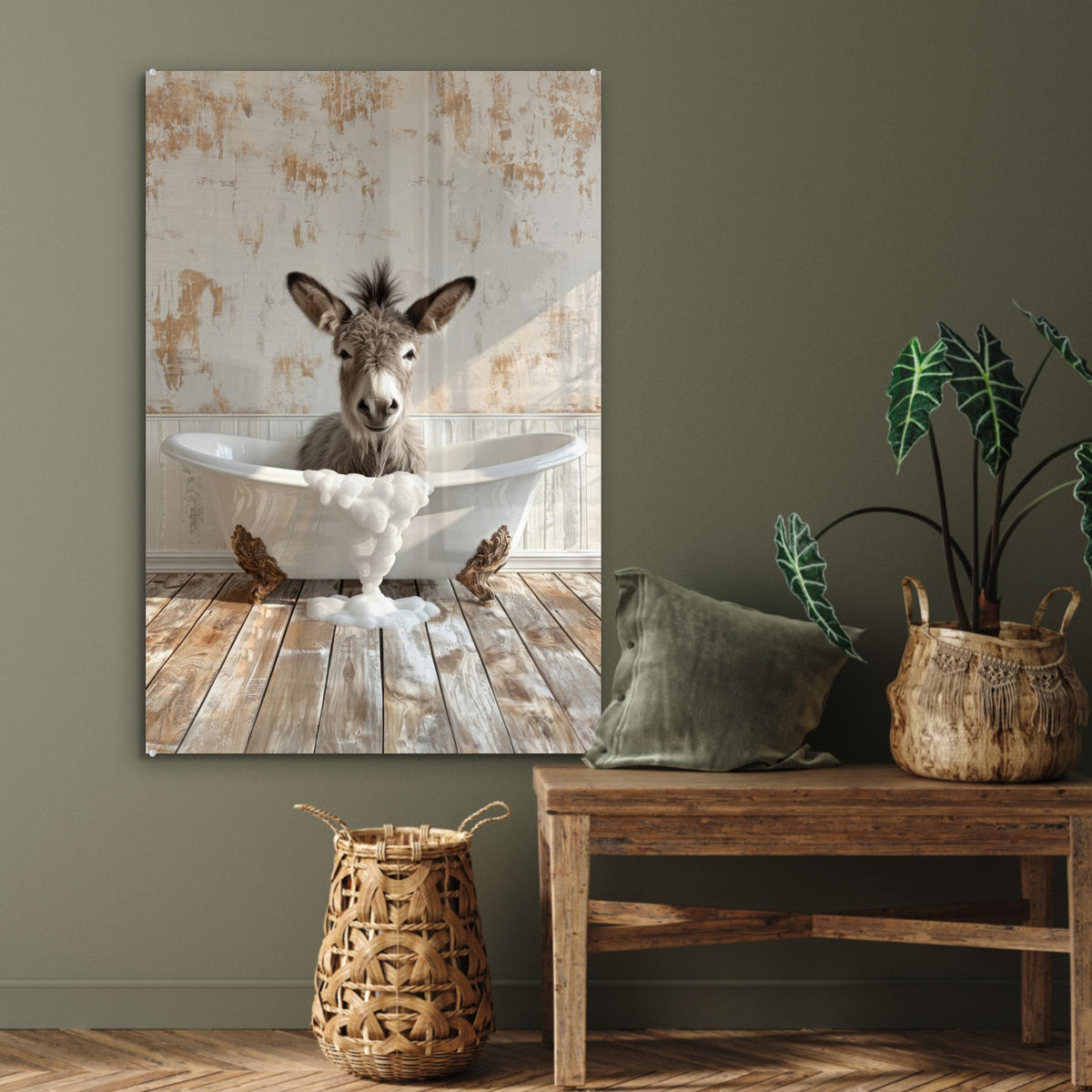 ACRYLGLASBILD Esel - Tiere - Badewanne - Schaumstoff 60x90 cm - Weiß, Glas (60/90cm) - MuchoWow