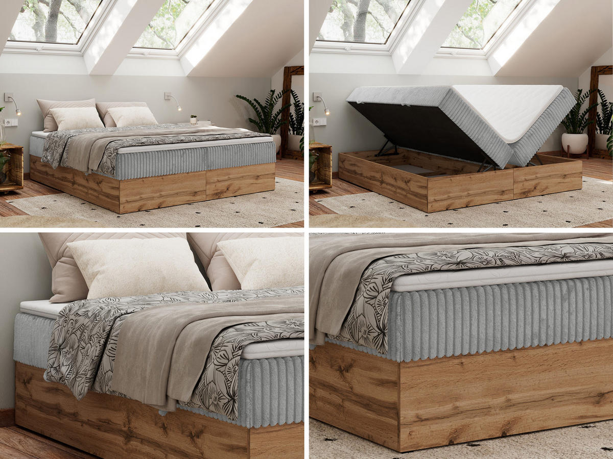 BOXBETT WOOD ZERO 200/200 - Hellgrau Cord - H3 - Topper T25 - Hellgrau, Textil (200/200cm) - MKS