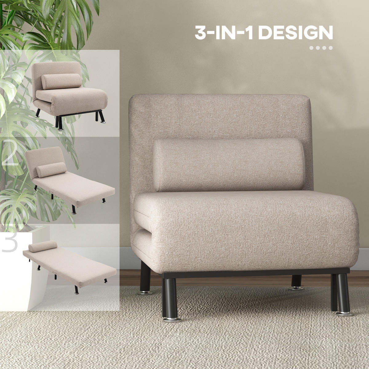 SCHLAFSESSEL mit Bettfunktion, Beige - Beige, Textil (75/75/70cm) - HOMCOM