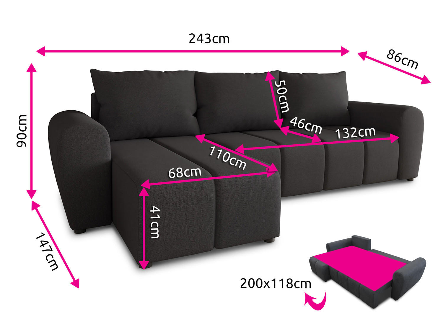 Thumbnail - Sofnet Ecksofa, Schwarz, Textil, 5-Sitzer, L-Form,Rechteckig, 243x147 cm, Wohnzimmer, Sofas & Couches, Wohnlandschaften,...