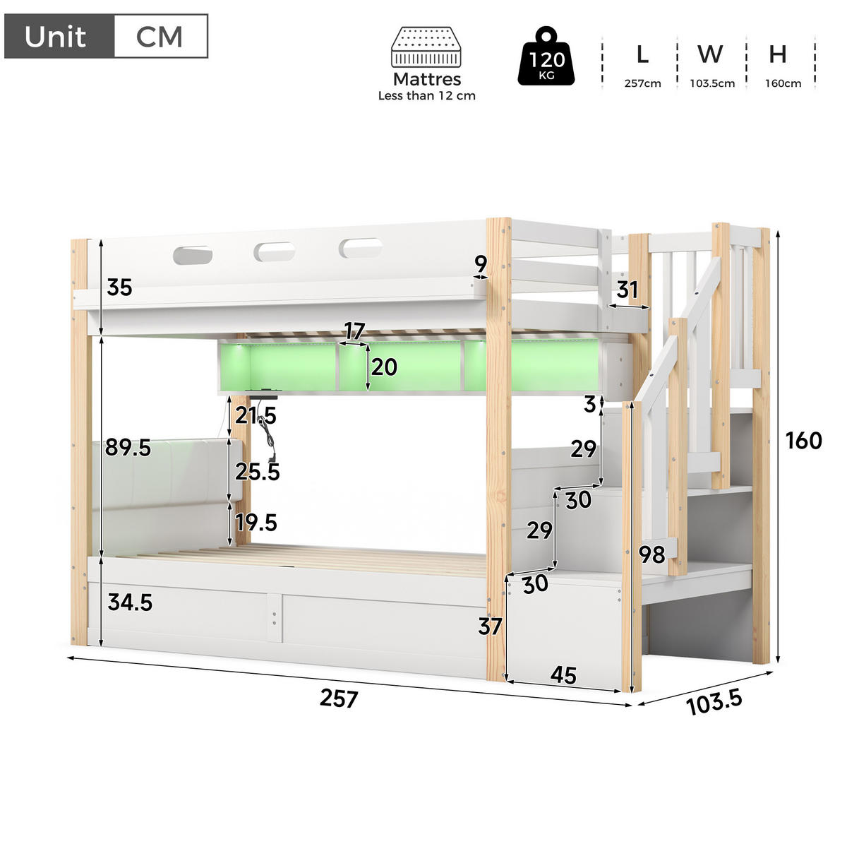 ETAGENBETT 90/200+90/200 cm in Weiß mit Stauraumtreppe und LED-Beleuchtung - Weiß, Holz (90/200cm) - Flora Grace