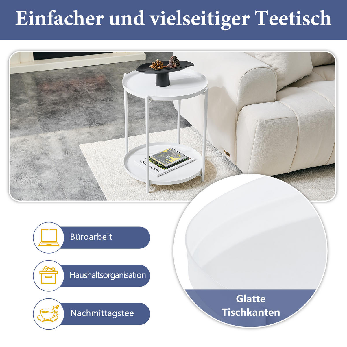 BEISTELLTISCH DE-37346 2-etagig rund mit Metallrahmen und Ablage Weiß - Weiß, Metall (42/42/52cm) - ComfortXL