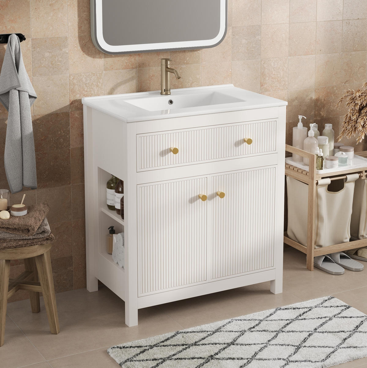 WEISSER Badezimmerunterschrank aus MDF 81x46,5x86,5 cm mit Keramikbecken, Soft-Close und modernem Stauraum - Weiß, Holzwerkstoff (81/86.5/46.5cm) - Modfu