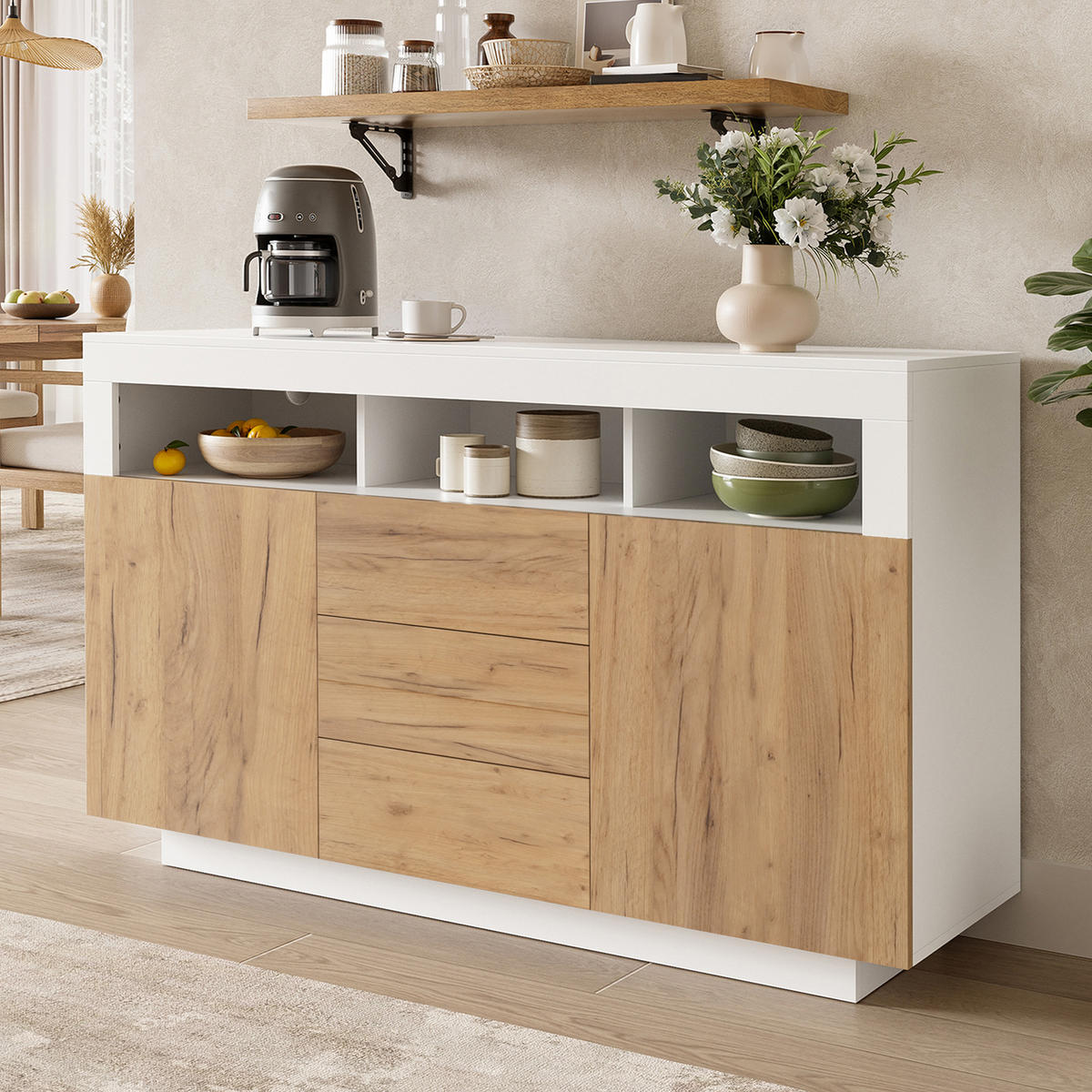 SIDEBOARD Natur Weiß 3 Schubladen 2 Türen 140x40x85cm - Multicolor, Holzwerkstoff (40/85/140cm) - FLIEKS